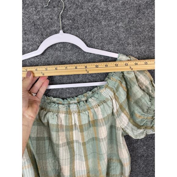 American Eagle Green Plaid Cotton Off Shoulder Puff Sleeve Crop Top Size S/P/CH - Picture 4 of 13